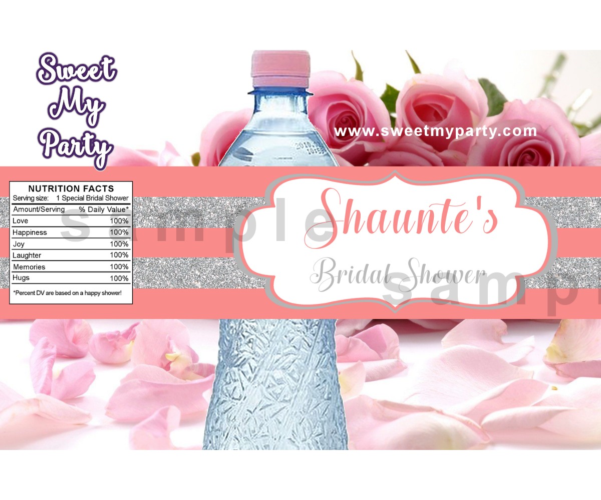 Silver Coral Bridal Shower Water Bottle Labels, Glitter Glossy Bridal Shower water bottle labels,(14)